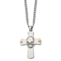 Chisel Stainless Steel Brushed and Polished Yellow IP-plated Cross Necklace with Skull Pendant on a Curb Chain, 24" view 3