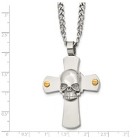 Chisel Stainless Steel Brushed and Polished Yellow IP-plated Cross Necklace with Skull Pendant on a Curb Chain, 24" view 5