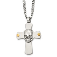 Chisel Stainless Steel Brushed and Polished Yellow IP-plated Cross Necklace with Skull Pendant on a Curb Chain, 24" view 1