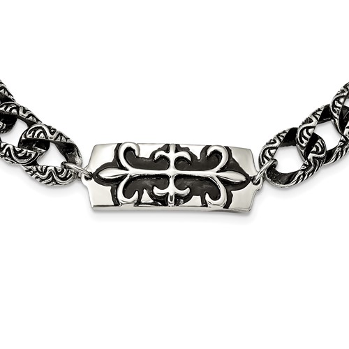 Stainless Steel Antiqued and Polished Fleur De Lis Necklace, 24"