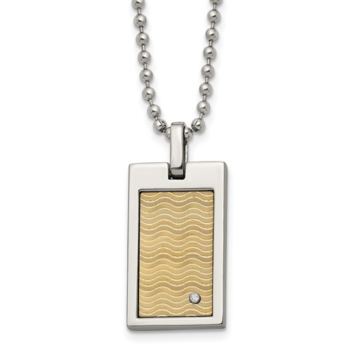 Chisel Stainless Steel Brushed and Polished Necklace with 18K Gold Accent.01carat Diamond Pendant on a Ball Chain, 24"