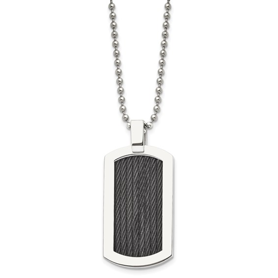 Chisel Stainless Steel Polished with Black IP-Plated Cable Dog Tag on a 24 inch Ball Chain Necklace