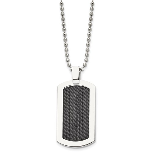 Chisel Stainless Steel Polished Necklace with Black IP-Plated Cable Dog Tag on a Ball Chain, 24"
