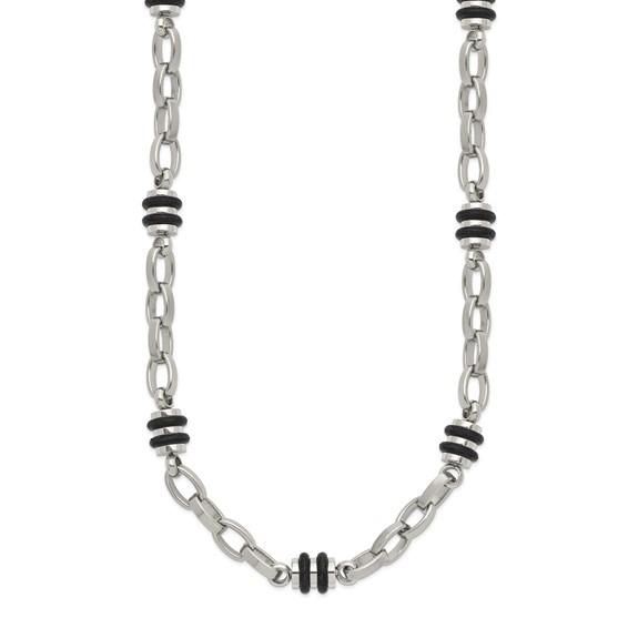 Chisel Stainless Steel Polished with Black Rubber Barrel Link 22 inch Necklace