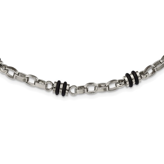 Chisel Stainless Steel Polished with Black Rubber Barrel Link 22 inch Necklace