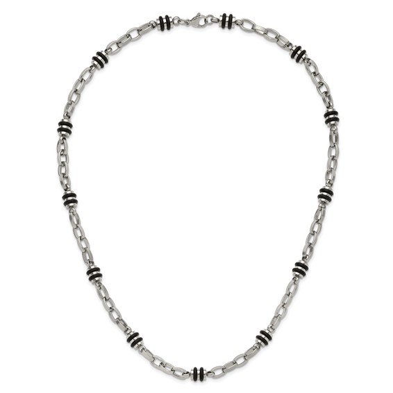 Chisel Stainless Steel Polished with Black Rubber Barrel Link 22 inch Necklace