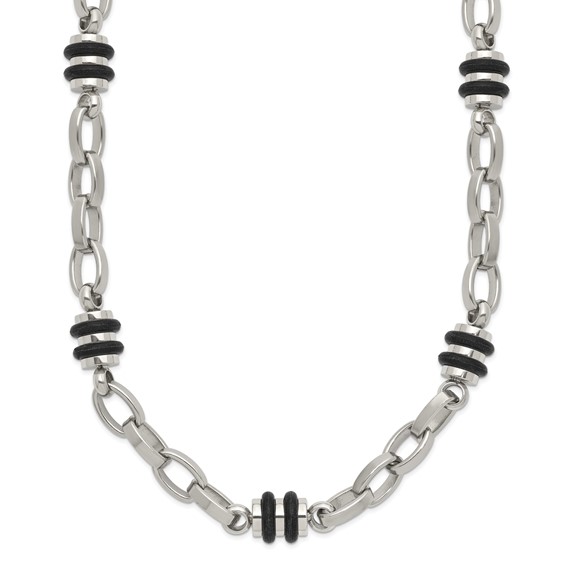 Chisel Stainless Steel Polished with Black Rubber Barrel Link 22 inch Necklace