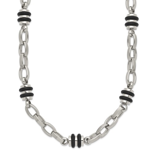 Chisel Stainless Steel Polished Necklace with Black Rubber Barrel Link, 22"