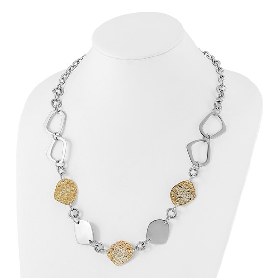 Stainless Steel Yellow IP-plated Polished & Pebbled Fancy Link Necklace
