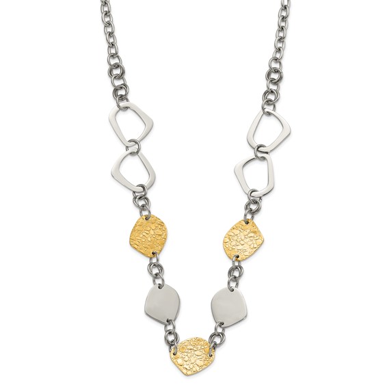 Stainless Steel Yellow IP-plated Polished & Pebbled Fancy Link Necklace