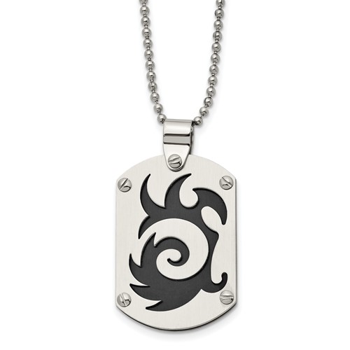 Chisel Stainless Steel Brushed Black IP-plated Swirl Dog Tag on a Ball Chain Necklace, 24"