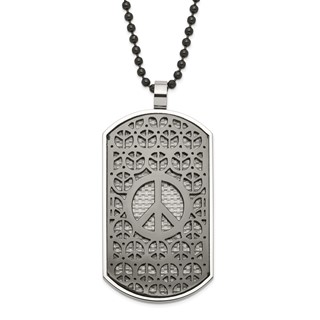 Stainless Steel Black IP-Plated Reversible Grey/Blue Carbon Fiber Peace/Heart Dog Tag Necklace