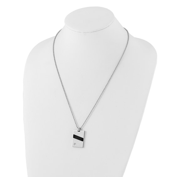 Stainless Steel Polished & Satin Black Rubber & CZ Pendant Necklace