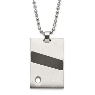 Stainless Steel Polished & Satin Black Rubber & CZ Pendant Necklace