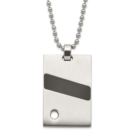 Stainless Steel Polished & Satin Black Rubber & CZ Pendant Necklace