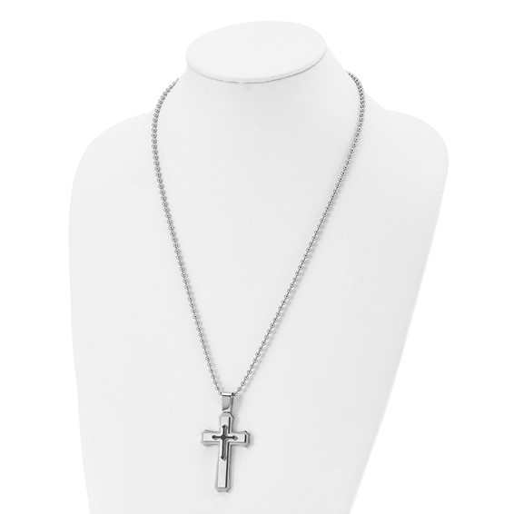 Chisel Stainless Steel Brushed and Polished with Black Rubber Cross Pendant on a 24 inch Ball Chain Necklace