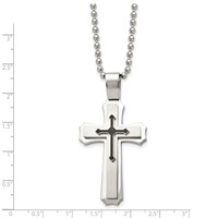 Chisel Stainless Steel Brushed and Polished Necklace with Black Rubber Cross Pendant on a Ball Chain, 24" view 3
