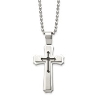 Chisel Stainless Steel Brushed and Polished Necklace with Black Rubber Cross Pendant on a Ball Chain, 24" view 1