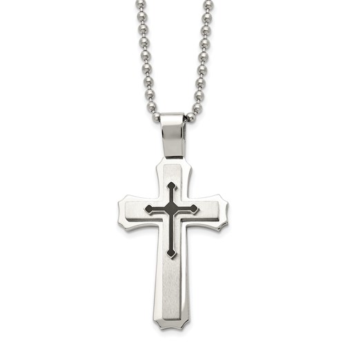 Chisel Stainless Steel Brushed and Polished Necklace with Black Rubber Cross Pendant on a Ball Chain, 24"