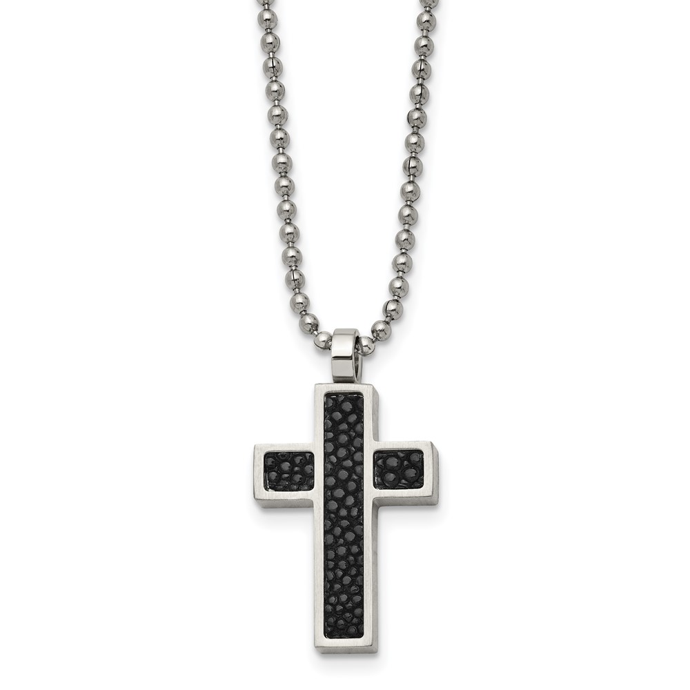 Stainless Steel Brushed Black Genuine Stingray Inlay Cross 24in Necklace
