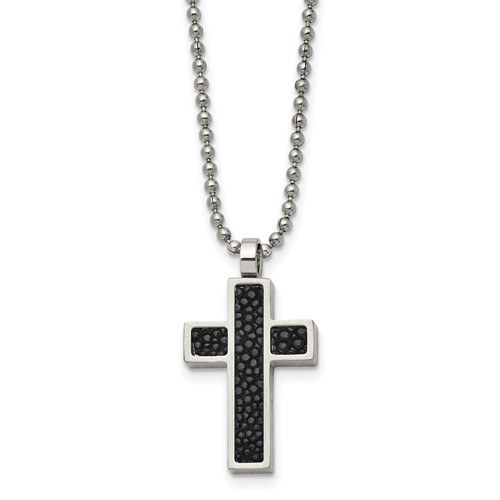 Chisel Stainless Steel Brushed Black Genuine Stingray Inlay Cross Pendant on a Ball Chain Necklace, 24"