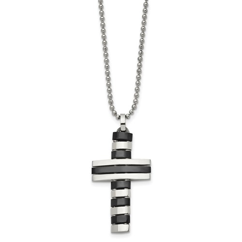 Stainless Steel Polished Black IP-plated Cross Necklace, 18"