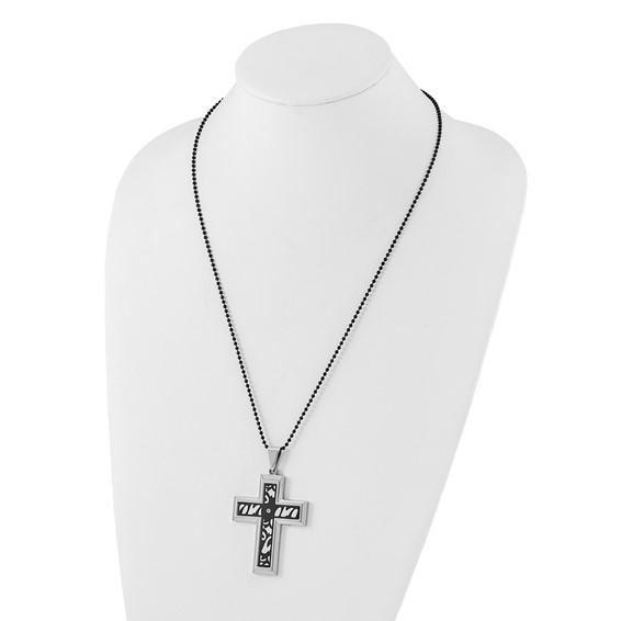 Stainless Steel Black-plated Fancy CZ Latin Cross Necklace