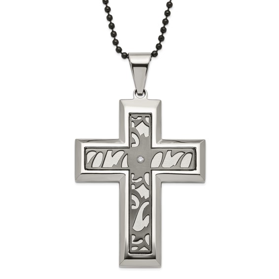 Stainless Steel Black-plated Fancy CZ Latin Cross Necklace