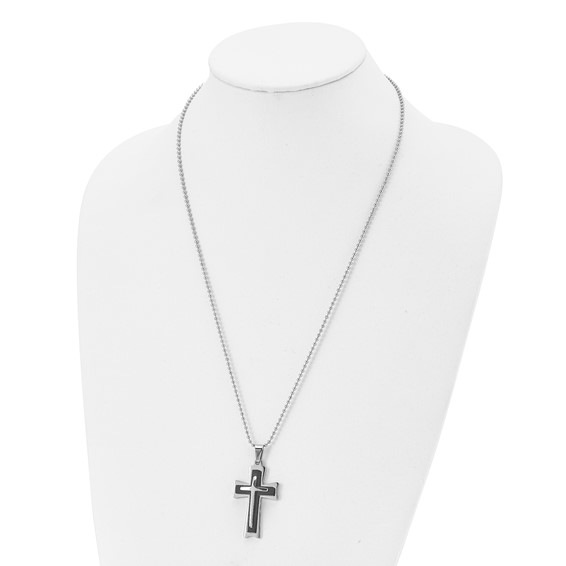 Chisel Stainless Steel Polished with Black Acrylic Cross Pendant on a 24 inch Ball Chain Necklace