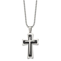 Chisel Stainless Steel Polished Necklace with Black Acrylic Cross Pendant on a Ball Chain, 24" view 1