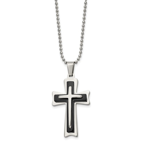 Chisel Stainless Steel Polished Necklace with Black Acrylic Cross Pendant on a Ball Chain, 24"