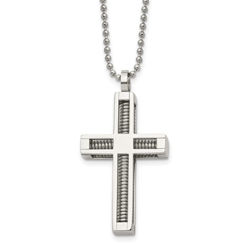Chisel Stainless Steel Polished Cross Pendant on a Ball Chain Necklace, 24"