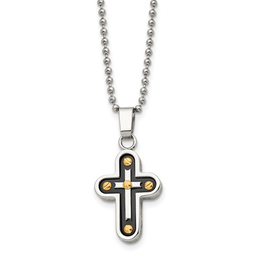 Chisel Stainless Steel Polished Black and Yellow IP-plated Cross Pendant on a Ball Chain Necklace, 22"