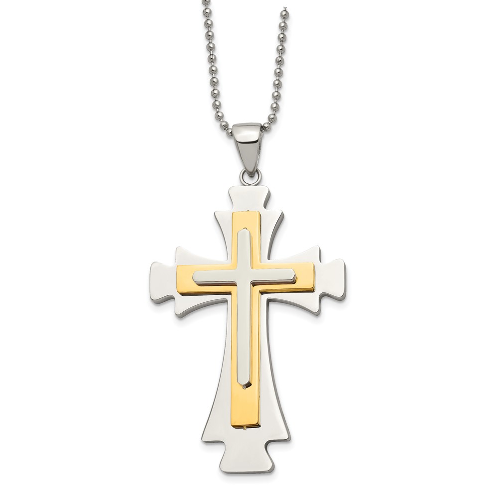 Stainless Steel Polished Yellow IP-plated Cross 22in Necklace