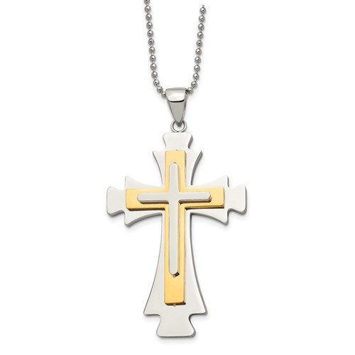 Chisel Stainless Steel Polished Yellow IP-plated Cross Pendant on a Ball Chain Necklace, 22"