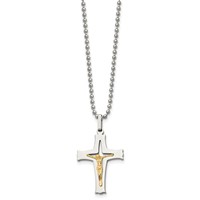 Chisel Stainless Steel Polished Necklace with 14K Gold Accent Crucifix Pendant on a Ball Chain, 22" view 3