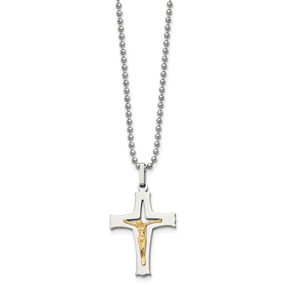 Chisel Stainless Steel Polished with 14k Gold Accent Crucifix Pendant on a 22 inch Ball Chain Necklace