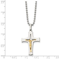 Chisel Stainless Steel Polished Necklace with 14K Gold Accent Crucifix Pendant on a Ball Chain, 22" view 5