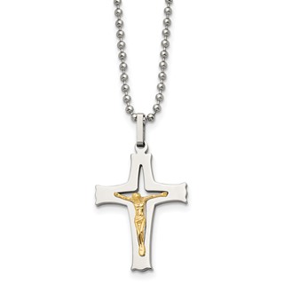 Chisel Stainless Steel Polished with 14k Gold Accent Crucifix Pendant on a 22 inch Ball Chain Necklace