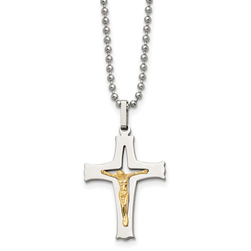 Chisel Stainless Steel Polished Necklace with 14K Gold Accent Crucifix Pendant on a Ball Chain, 22"