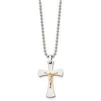 Chisel Stainless Steel Polished Necklace with 14K Gold Accent Crucifix Pendant on a Ball Chain, 22" view 3