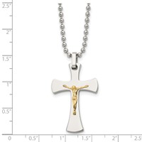 Chisel Stainless Steel Polished Necklace with 14K Gold Accent Crucifix Pendant on a Ball Chain, 22" view 5