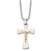 Chisel Stainless Steel Polished Necklace with 14K Gold Accent Crucifix Pendant on a Ball Chain, 22" view 1