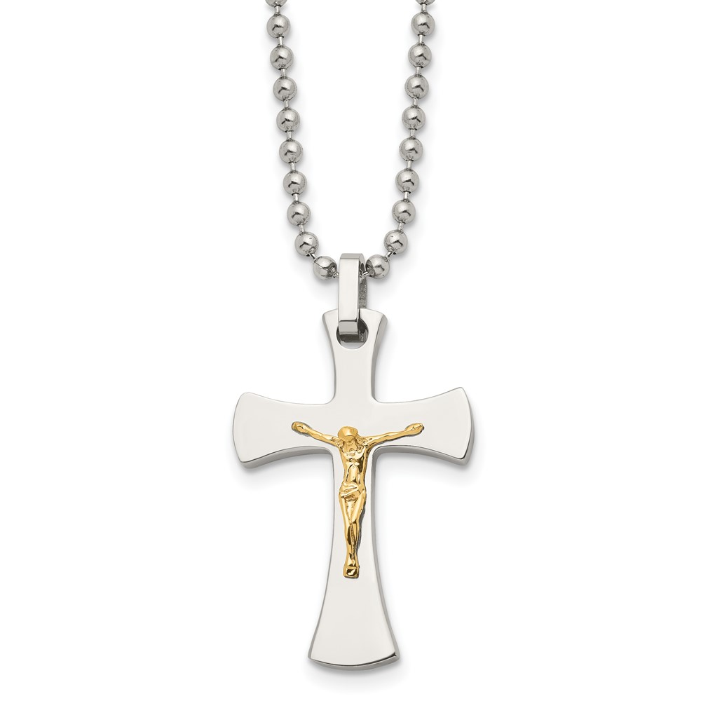 Stainless Steel 22in Polished w/14k Gold Accent Crucifix Necklace