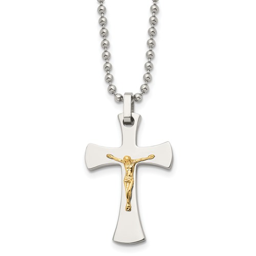 Chisel Stainless Steel Polished Necklace with 14K Gold Accent Crucifix Pendant on a Ball Chain, 22"