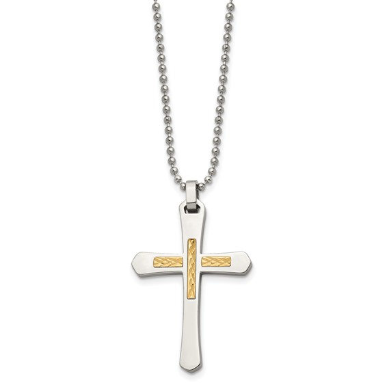 Chisel Stainless Steel Polished with 14k Gold Accent Diamond-cut Cross Pendant on a 22 inch Ball Chain Necklace