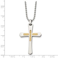 Chisel Stainless Steel Polished Necklace with 14K Gold Accent Diamond-cut Cross Pendant on a Ball Chain, 22" view 5