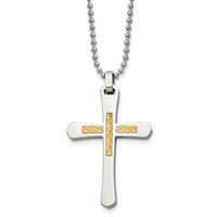 Chisel Stainless Steel Polished Necklace with 14K Gold Accent Diamond-cut Cross Pendant on a Ball Chain, 22" view 1