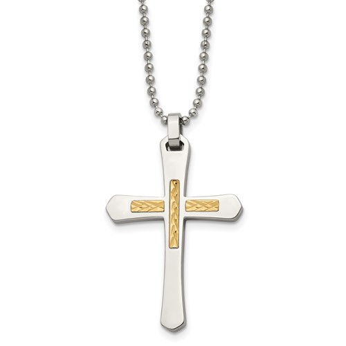 Chisel Stainless Steel Polished with 14K Gold Accent Diamond-cut Cross Pendant on a 22 Inch Ball Chain Necklace