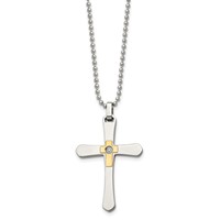 Chisel Stainless Steel Polished Necklace with 14K Gold Accent 0.50pt Diamond Cross Pendant on a Ball Chain, 22" view 3